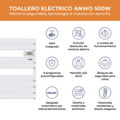 TOALLERO ELÉCTRICO PLANO ANWO FLB.500 500W C/WIFI